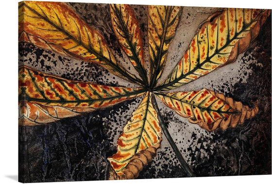 “Chestnut leaf by Julie de Graag (1877-1924)” is a beautiful and detailed print of a chestnut leaf in autumn colors. The leaf is set against a dark background, making the colors pop. This print would make a great addition to any home or office