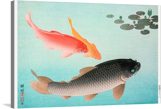 Experience the beauty of nature with Ohara Koson’s “Common and Golden Carp (1935)”. This print features two carp, one golden and one common, swimming in a pond with lily pads. The colors are vibrant and the composition is striking. The carp are detailed and realistic, with the golden carp being a bright orange and the common carp being a dark grey. 