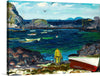 Experience the captivating allure of “The Harbor, Monhegan Coast, Maine (1913)” by George Wesley Bellows. This print captures a serene coastal landscape, where a lone figure stands near the water’s edge, gazing at the tranquil harbor filled with boats. The backdrop features rugged mountains under a sky painted with soft clouds, adding to the painting’s tranquility. 