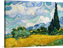 "Wheat Field with Cypresses" is a series of three oil paintings created by the Dutch post-impressionist artist Vincent Van Gogh in 1889. The painting depicts a wheat field with tall cypress trees in the background, set against a bright blue sky with white clouds. 