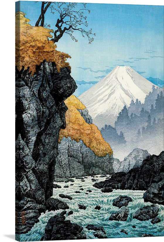 Foot of Mount Ashitaka (1932) by Hiroaki Takahashi is a beautiful woodblock print that captures the essence of Japan's natural beauty. The print depicts a tranquil river winding its way through a lush green valley, with the majestic Mount Ashitaka rising in the background.