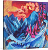 Immerse yourself in the vibrant and dynamic landscape captured in this exquisite print, featuring towering mountains painted with cool, serene blues and whites. The sky, ablaze with warm hues of sunset, casts an ethereal glow that illuminates the peaks and valleys. Figures at the bottom center appear to be people walking or hiking, adding a sense of adventure and exploration. 
