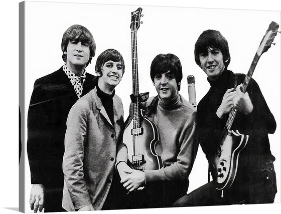 Step back in time with this mesmerizing trade ad—a snapshot of the Beatles’ triumphant 1964 Grammys. In this monochromatic masterpiece, the Fab Four stand united, as if inviting you to join their musical journey. 