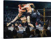 “A Stag at Sharkey’s” by George Wesley Bellows is a raw and visceral portrayal of the boxing world in early 20th-century New York City. In this oil painting, Bellows thrusts us into the heart of Sharkey’s Athletic Club—a gritty, smoke-filled haven where fighters clash and sweat. 