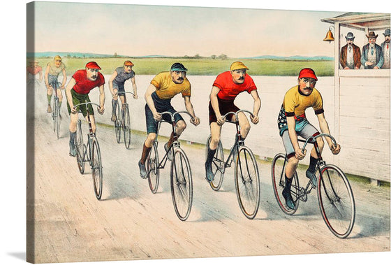Capture the essence of a bygone era with this exquisite print, where the thrill of a classic bicycle race comes to life. They are locked in fierce competition, pedaling along a rustic track that stretches out into an expansive landscape. Spectators peer from a modest stand, their anticipation is palpable. Every stroke of color and detail invites you into a world where the spirit of competition is pure, unadulterated by time. 