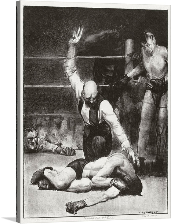 Experience the raw emotion of a boxing match with George Wesley Bellows’ “Counted out, second stone (1921)”. This stunning black and white print features a boxer lying on the ground, defeated, while the referee counts him out. 