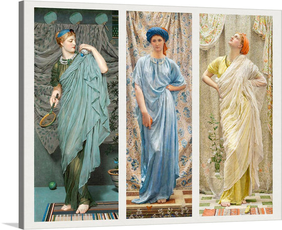 “Battledore (1868–1870)” is a stunning oil painting by Albert Joseph Moore, a principal originator of the Aesthetic Movement. The painting features a young woman dressed in classical robes holding a racket and shuttlecock, with a backdrop of a semi-translucent dra