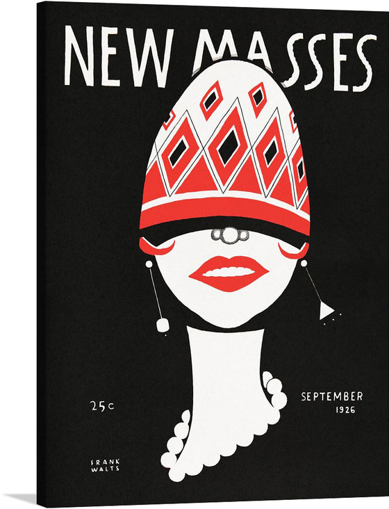 “New Masses (1926)” by Frank Walts is a striking piece of art that captures the essence of an era marked by radical transformation and creative expression. The artwork features bold typography at the top with “NEW MASSES” written in white against a black background. Below this text is an illustration of a woman’s face; she is wearing an ornate red and white headpiece.