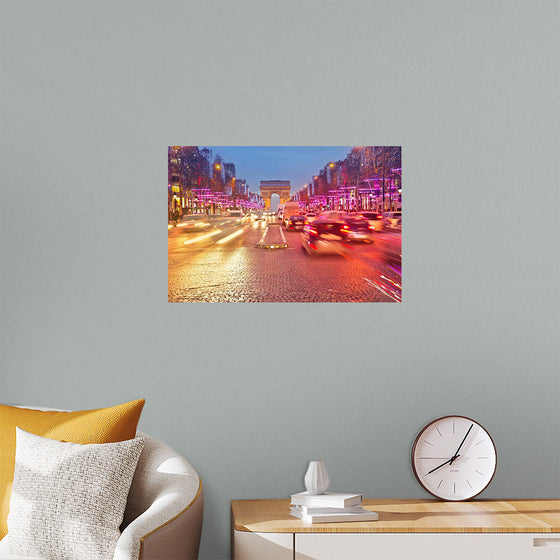 "Night view of Arc de Triomphe with vehicle light trails effect"