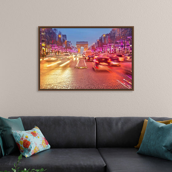 "Night view of Arc de Triomphe with vehicle light trails effect"