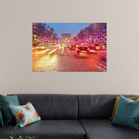 "Night view of Arc de Triomphe with vehicle light trails effect"