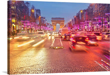  “Night view of Arc de Triomphe with vehicle light trails effect” is a captivating artwork that captures the essence of Paris at night. The iconic Arc de Triomphe stands majestically against the twilight sky, while the dynamic dance of lights paints a vibrant tapestry of life and motion. The cobblestone streets tell tales of history, while the modern light trails inject a pulse of contemporary energy.