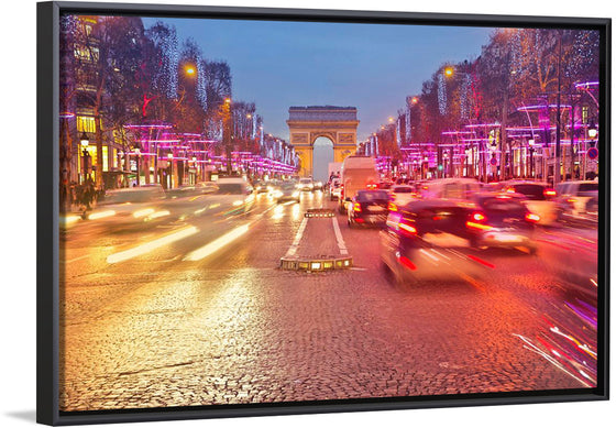 "Night view of Arc de Triomphe with vehicle light trails effect"