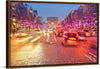 "Night view of Arc de Triomphe with vehicle light trails effect"