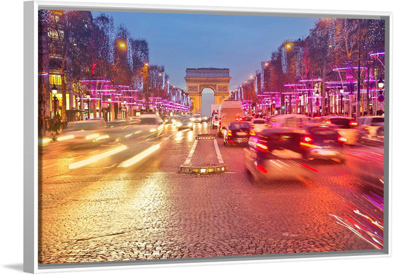 "Night view of Arc de Triomphe with vehicle light trails effect"