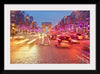 "Night view of Arc de Triomphe with vehicle light trails effect"