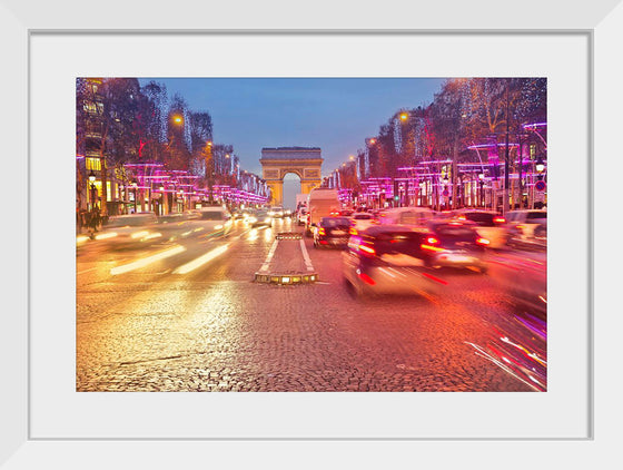 "Night view of Arc de Triomphe with vehicle light trails effect"