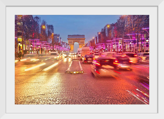 "Night view of Arc de Triomphe with vehicle light trails effect"