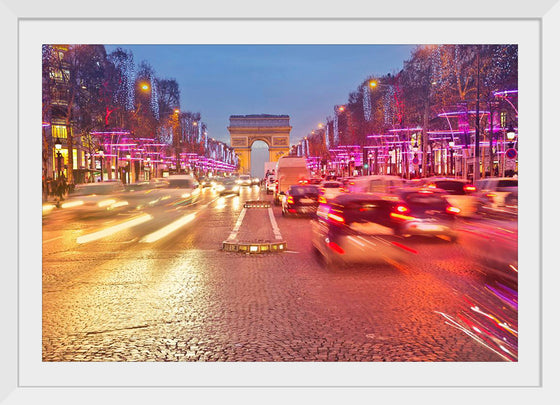 "Night view of Arc de Triomphe with vehicle light trails effect"