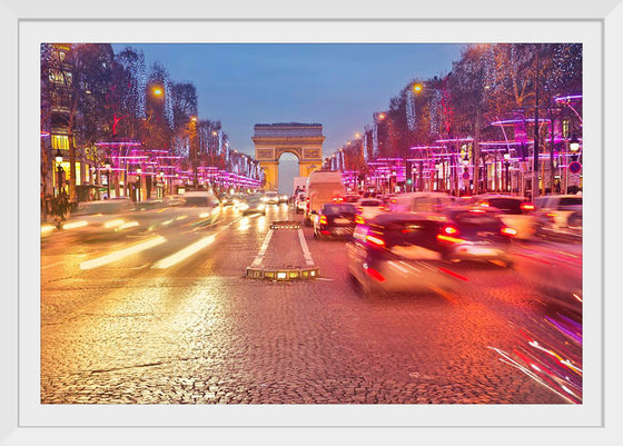 "Night view of Arc de Triomphe with vehicle light trails effect"