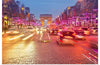 "Night view of Arc de Triomphe with vehicle light trails effect"