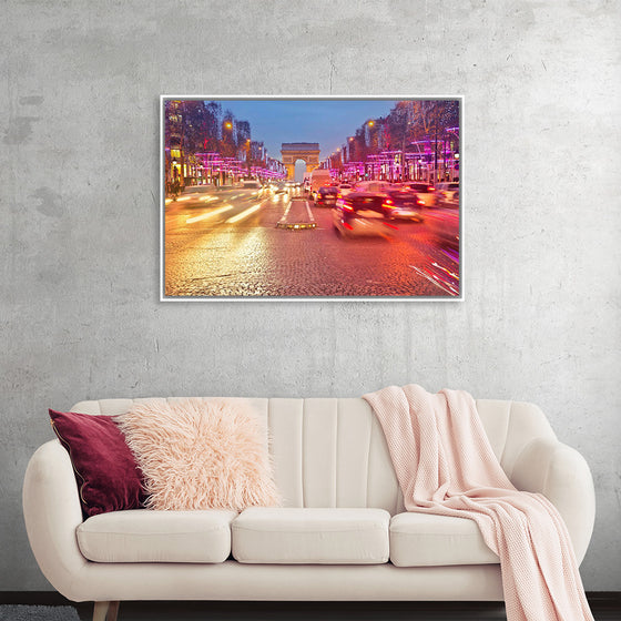 "Night view of Arc de Triomphe with vehicle light trails effect"