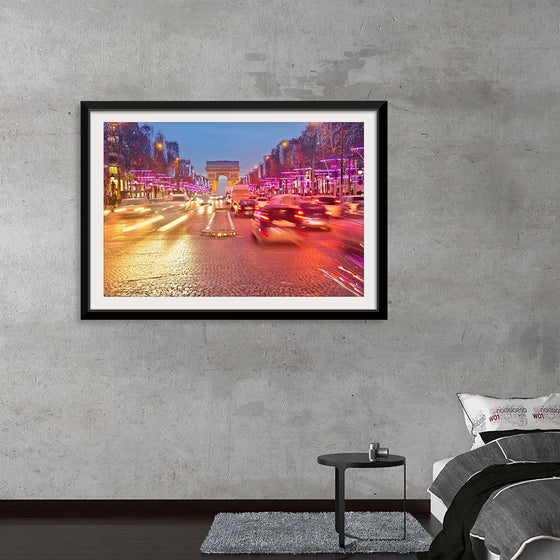 "Night view of Arc de Triomphe with vehicle light trails effect"