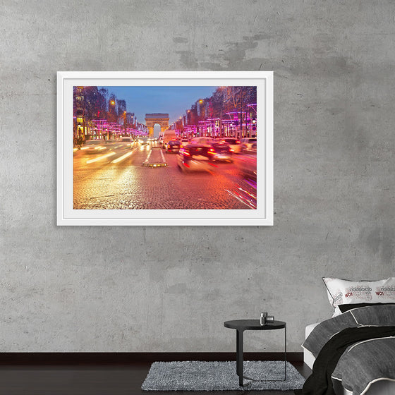 "Night view of Arc de Triomphe with vehicle light trails effect"