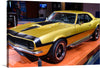 Introducing our exclusive print, a tribute to the golden era of American automotive excellence. This artwork features a classic muscle car, resplendent in a glossy golden-yellow paint job with striking black stripes. The car’s polished surface and chrome detailing gleam under bright lights, capturing the viewer’s attention. Displayed at an event, the car is a testament to the intricate design and performance that made these vehicles iconic.