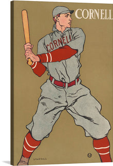  Capture the spirit of classic baseball with this striking artwork, a print that brings to life an iconic CORNELL player in mid-swing. The vintage aesthetic, characterized by the muted background and the vivid detailing of the player’s attire, evokes a sense of nostalgia and timeless elegance. Every stitch of the uniform, every curve of the bat is rendered with artistic precision, making this piece a must-have for collectors and sports enthusiasts alike.
