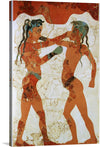 This captivating print, titled “Young boxers fresco, Akrotiri, Greece,” is a reproduction of an ancient fresco that transports you back to a time where art and history intertwine seamlessly. The artwork features two figures, adorned in rich hues of red and teal, engaged in a dynamic dance or combat.