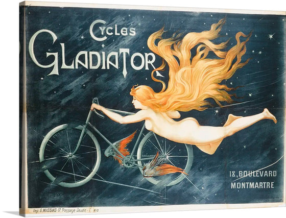 This iconic print from 1895 depicts a nude woman flying through the air on a winged bicycle. It is a stunning and captivating work of art that has been reproduced and admired for generations. The woman in the print is a symbol of freedom and liberation. She is unbound by the constraints of society and is soaring through the sky with a sense of joy and abandon.