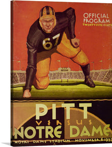  This vibrant print of a vintage 1937 official program cover, featuring the iconic match between Pittsburgh and Notre Dame, captures the spirit of classic football. The artwork showcases a player, wearing jersey number “67”, poised in action against the backdrop of a packed stadium. Every detail, from the player’s stance to the retro typography, is meticulously reproduced, bringing a piece of sports history into your living space. 