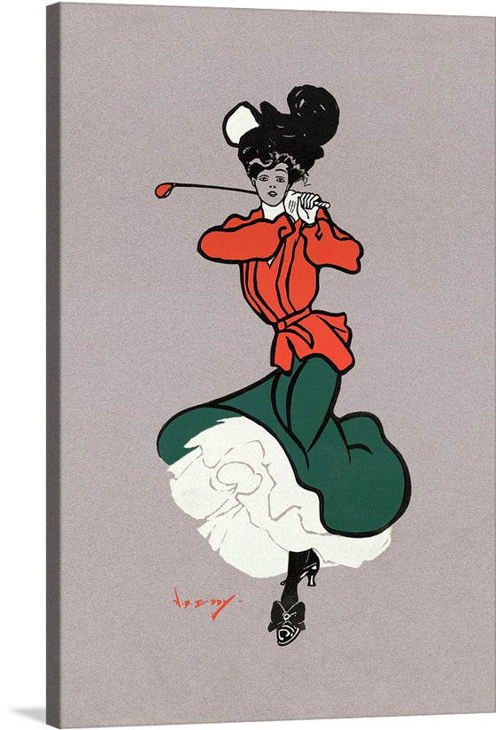 Step into a world of elegance and sophistication with this exquisite print. The artwork features a figure of grace, dressed in a vibrant red jacket and an emerald green skirt that seamlessly transitions into intricate white ruffles. The figure’s poised stance and the playful yet refined use of color make this piece a true conversation starter. This print captures an era where style and elegance were paramount, making it a perfect addition to any collection.