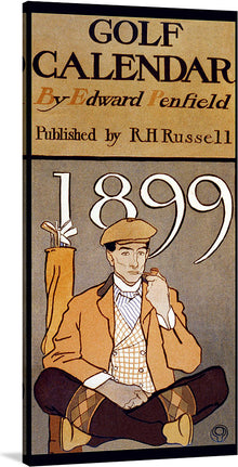  Step back in time with this exquisite print of the “Golf Calendar (1899)” artwork by Edward Penfield. Every detail, from the elegant typography to the vintage illustration, captures the essence of a bygone era of golf. The gentleman, adorned in classic attire and poised with grace, embodies the timeless spirit of the sport.