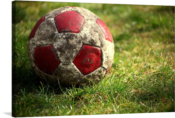 This marvelous photograph of a red and white soccer ball sitting in the grass captures the beauty and excitement of the world's most popular sport. The soccer ball is shown in all its spherical glory, with its perfectly symmetrical panels and intricate stitching. The green grass background creates a sense of freshness and vitality.