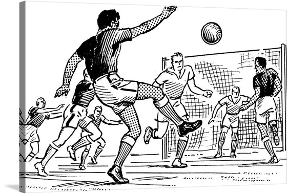 “Soccer” by an unknown artist is a captivating black and white artwork that captures the electrifying moment of a pivotal play, where athletes are frozen in time, showcasing their skill and passion for the game. The artwork features a scene from a soccer match where one player is mid-air, seemingly having just kicked the ball towards the goal. 
