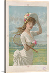 Step into a world where elegance meets the serene beauty of nature with this exquisite artwork. The print captures a moment frozen in time, featuring an individual adorned in a pristine white gown, their identity concealed to invoke mystery and allure. With a tennis racket in hand and flowers blooming vibrantly upon their hat, the subject is surrounded by the tranquil beauty of a lush green landscape under the gentle embrace of a cloudy sky.