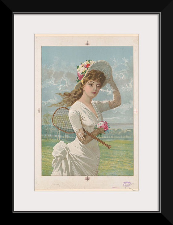 "Woman in White Dress Holding Flowers and Tennis Racquet (1887)"