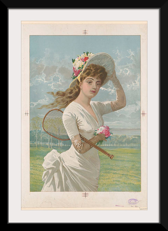 "Woman in White Dress Holding Flowers and Tennis Racquet (1887)"