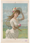 "Woman in White Dress Holding Flowers and Tennis Racquet (1887)"