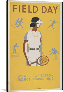  “Field day–WPA recreation project, Dist. No. 2 / Beard” is a beautiful print that captures the essence of a day of fun and games. The print features a woman in a white dress holding a tennis racket, with silhouettes of people playing sports in the background. 