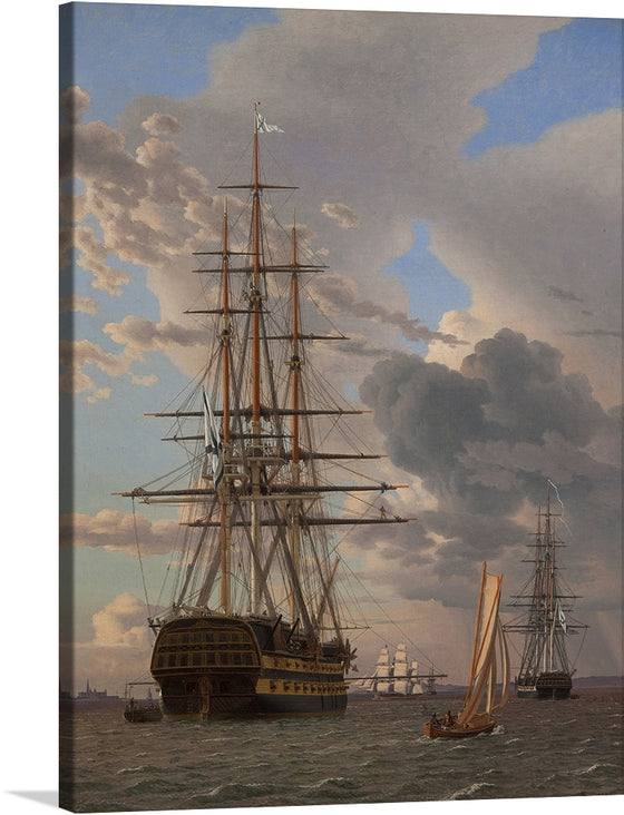 “The Russian Ship of the Line” “Asow” by C.W. Eckersberg is a stunning piece of art that captures the majesty of the sea and the power of the ship. The painting features a three-masted sailing ship with a golden figurehead and a Russian flag flying from the topmast.