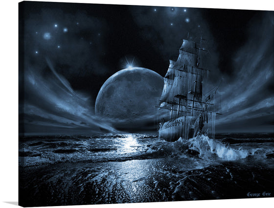 Set sail into a world of mystery and wonder with "Ghost Ship Series: Full Moon Rising," a hauntingly beautiful artwork by George Grie. This captivating image depicts a spectral galleon gliding across an ethereal ocean, bathed in the soft glow of a luminescent moon.