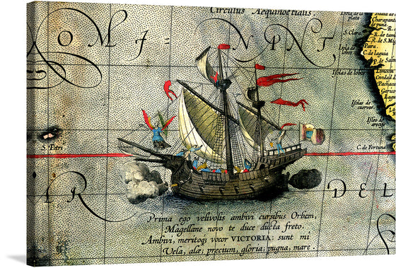 This is a map by Abraham Ortelius that shows the ship Victoria, the only ship to complete Ferdinand Magellan's circumnavigation of the globe in 1522. The map was published in 1590, and it is one of the earliest maps to show the Victoria.