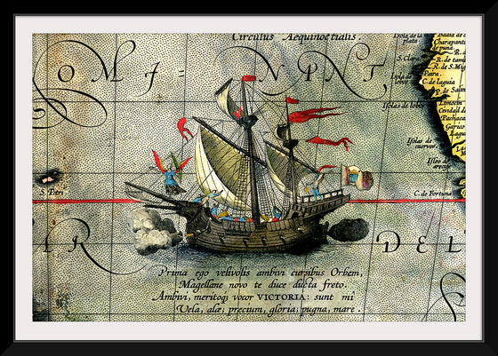 "Detail from a Map of Ortelius - Magellan's ship Victoria"