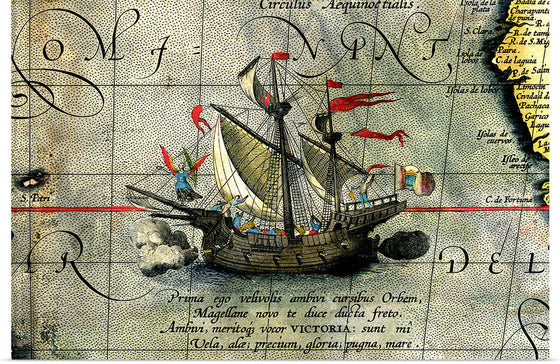 "Detail from a Map of Ortelius - Magellan's ship Victoria"