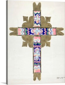  Experience the beauty of art and mathematics with Majel G. Claflin’s “Cross (1935–1942)”. This beautiful print features a cross-shaped artwork with a central blue and pink patterned section with a gold border. The cross is surrounded by a beige background with a gold border.