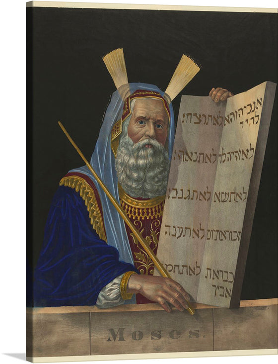 “Moses (ca. 1874)” by Henry Schile is a masterpiece that captures the spiritual and historical essence of one of history’s most revered figures. The artwork depicts Moses holding two stone tablets inscribed with Hebrew text, closely associated with the Ten Commandments. 