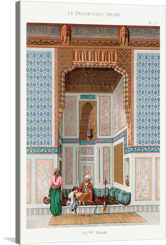 This beautiful print of “La Décoration Arabe” is a must-have for any art lover. The intricate details and vibrant colors of the 16th century Arabic interior design are sure to add a touch of sophistication and elegance to any space. The print is titled “La Décoration Arabe” and is labeled “Pl. 17”.